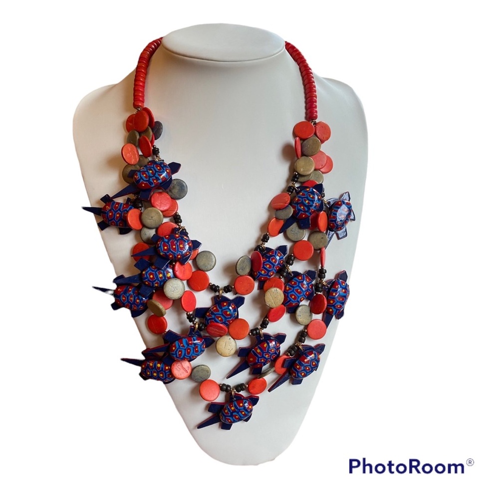 Vintage Wooden/ Organic Artisan Turtle Statement Necklace